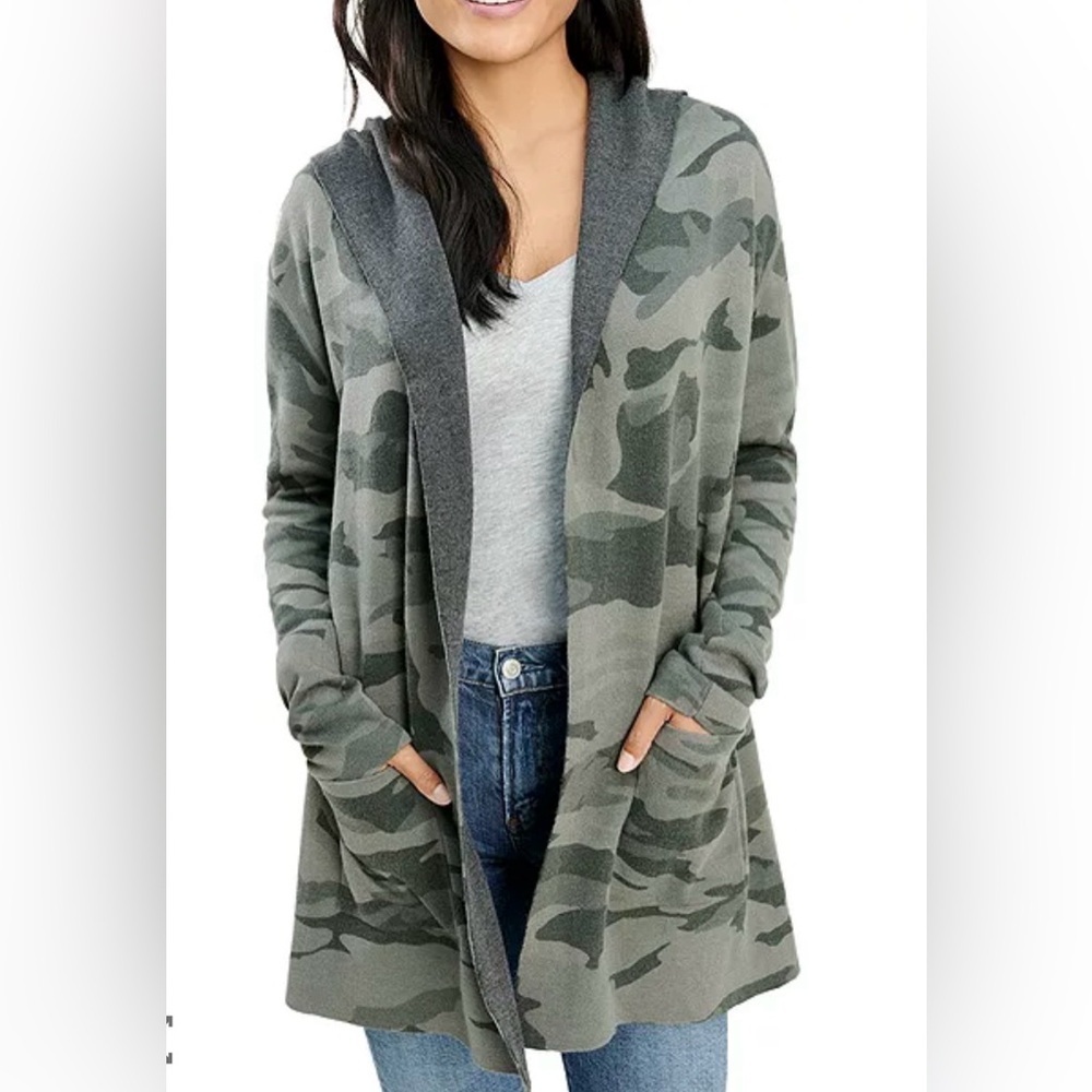 Splendid camo open front hooded cardigan, XS
